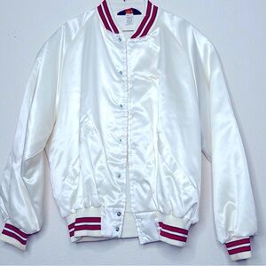 White Satin Bomber Jacket with Red Accents